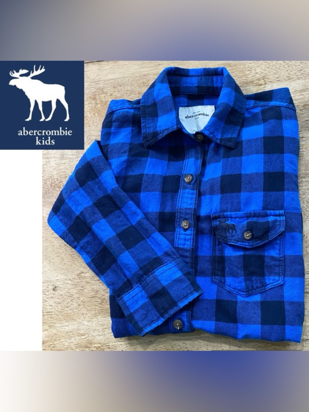 Abercrombie Kids Sz L Blue/Black Plaid Flannel Logo Button Down